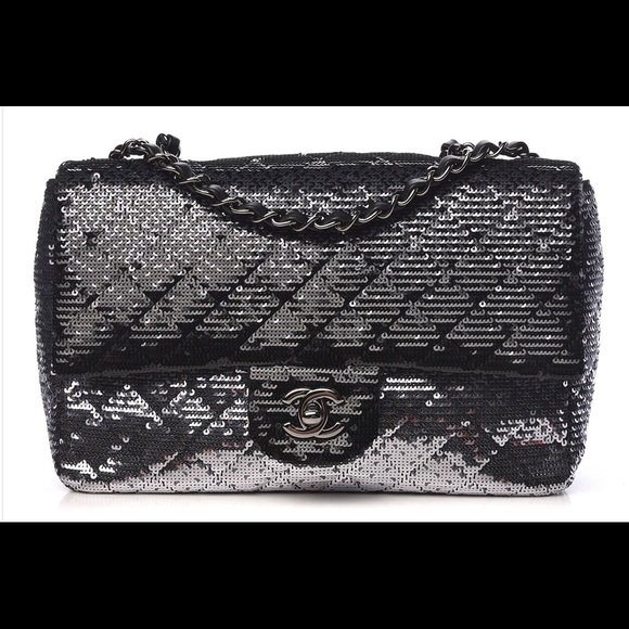 Chanel - Black and Silver Sequin Mini Flap Bag Silver Hardware